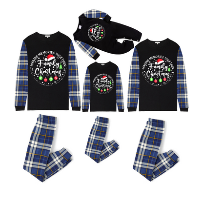 Making Memories Together Family Christmas 2025 Family Pajamas Set - Black Top, Blue Pants, Blue Plaid Sleeves