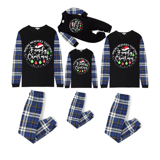 Making Memories Together Family Christmas 2025 Family Pajamas Set - Black Top, Blue Pants, Blue Plaid Sleeves