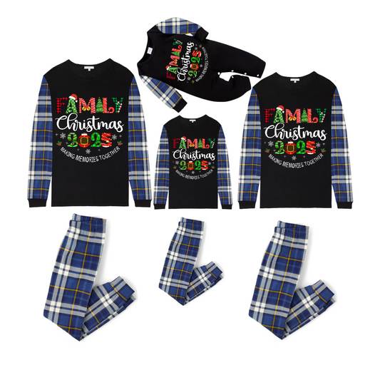 Family Christmas 2025 Making Memories Family Pajamas Set - Black Top, Blue Pants, Blue Plaid Sleeves