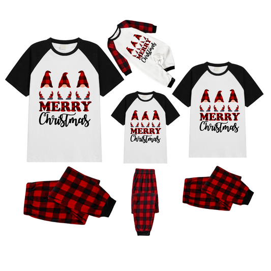 Merry Christmas Gnome Family Pajamas Set - White Top Black Sleeves Red Plaid Pants Red and Black Graphic