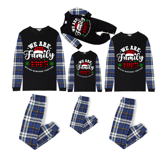 2025 We Are Family Christmas Family Pajamas Set - Black Top / Blue Plaid Pants / Blue Plaid Sleeves