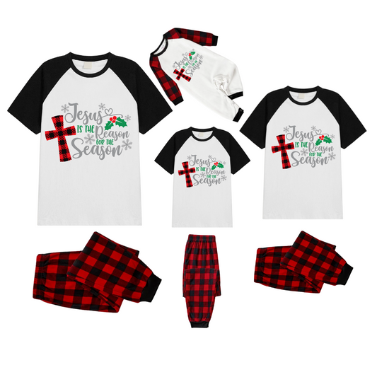 Jesus is the Reason Family Christmas Pajamas Set - White Top, Red Plaid Pants, Black Sleeves, Red Plaid Cross and Holly Print