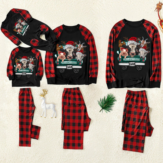Christmas Cute Cartoon Car Highland Cow Farm Animals Heifers Christmas Cow Patterned and 'Merry Christmas' Letter Print Contrast Black top and Black & Red Plaid Pants Family Matching Pajamas Set