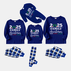 "2025 Family Christmas" Text Printed Blue and White Plaid Family Matching Pajamas