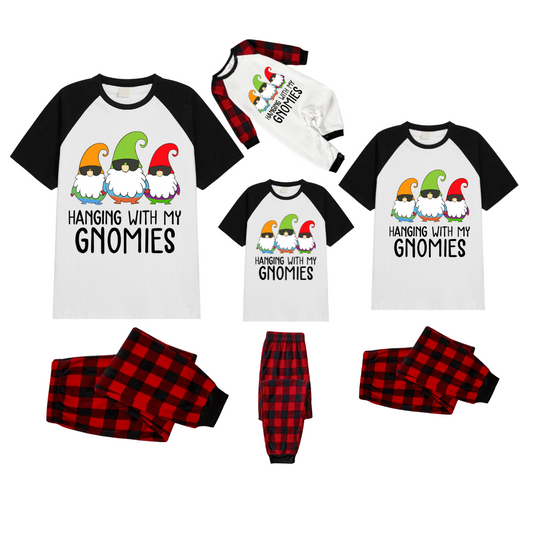 Hanging With My Gnomies Family Pajamas Set - White Top Black Sleeves Red Plaid Pants Colorful Gnomes Graphic