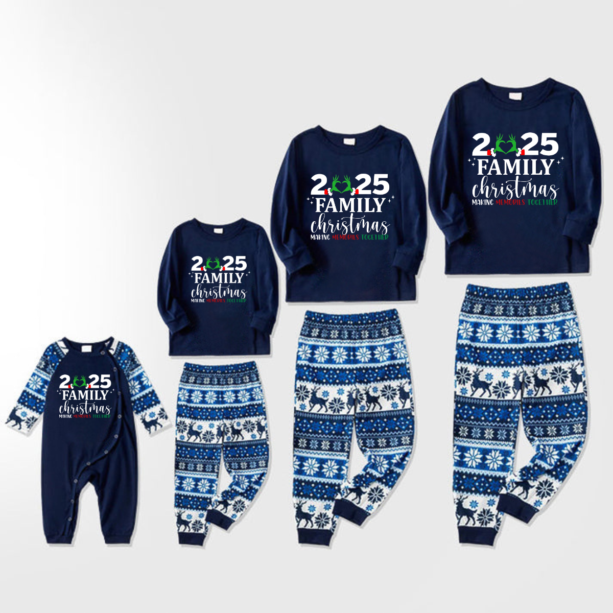 "2025 Family Christmas" Quirky Heart Letter Print Blue Long Sleeve Family Matching Pajamas With Dog bandana