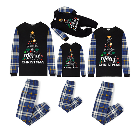 We Wish You a Merry Christmas Family Pajamas Set - Black Top / Blue Plaid Pants / Blue Plaid Sleeves