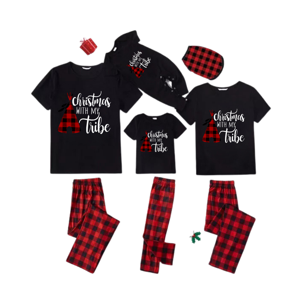 Christmas with My Tribe Family Pajamas Set - Black Top Red Pants Red Plaid Sleeves Teepee Print