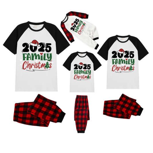 2025 Family Christmas Pajamas Set - White Top Black Sleeves Red Plaid Pants Green and Red Text Graphic