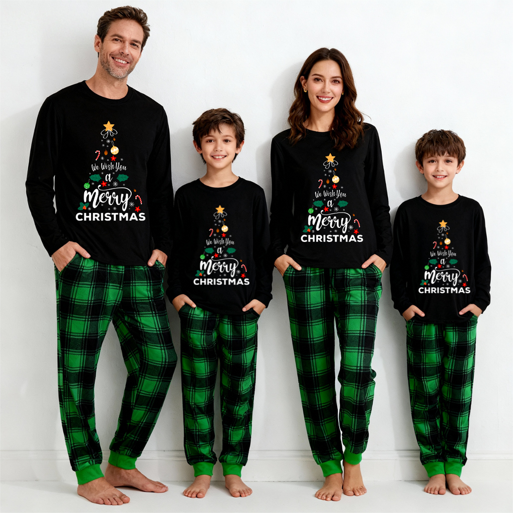 "We Wish You a Merry Christmas" Printed Black & Green Plaid Pants Family Matching Pajamas