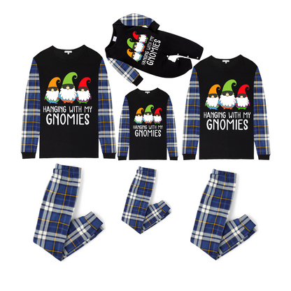Hanging With My Gnomies Christmas 2025 Family Pajamas Set - Black Top, Blue Pants, Blue Plaid Sleeves