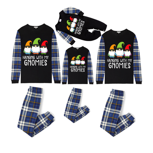 Hanging With My Gnomies Christmas 2025 Family Pajamas Set - Black Top, Blue Pants, Blue Plaid Sleeves