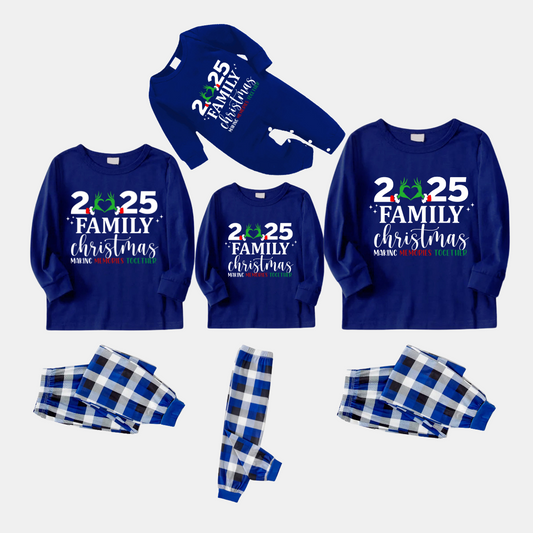 "2025 Family Christmas" Text Printed Blue and White Plaid Family Matching Pajamas