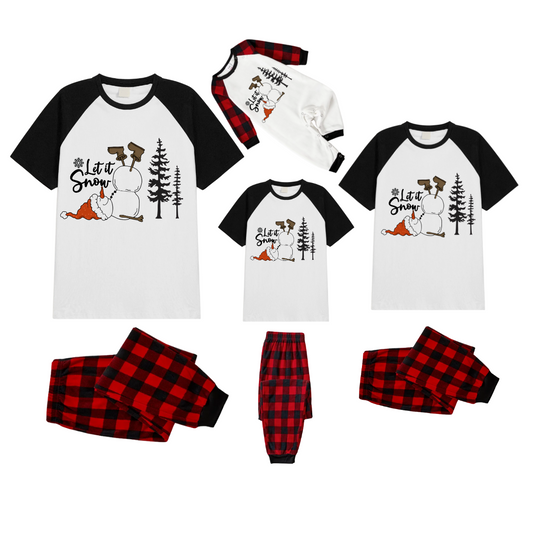 Let It Snow Family Pajamas Set - White Top Black Sleeves Red Plaid Pants Christmas Snowman Graphic