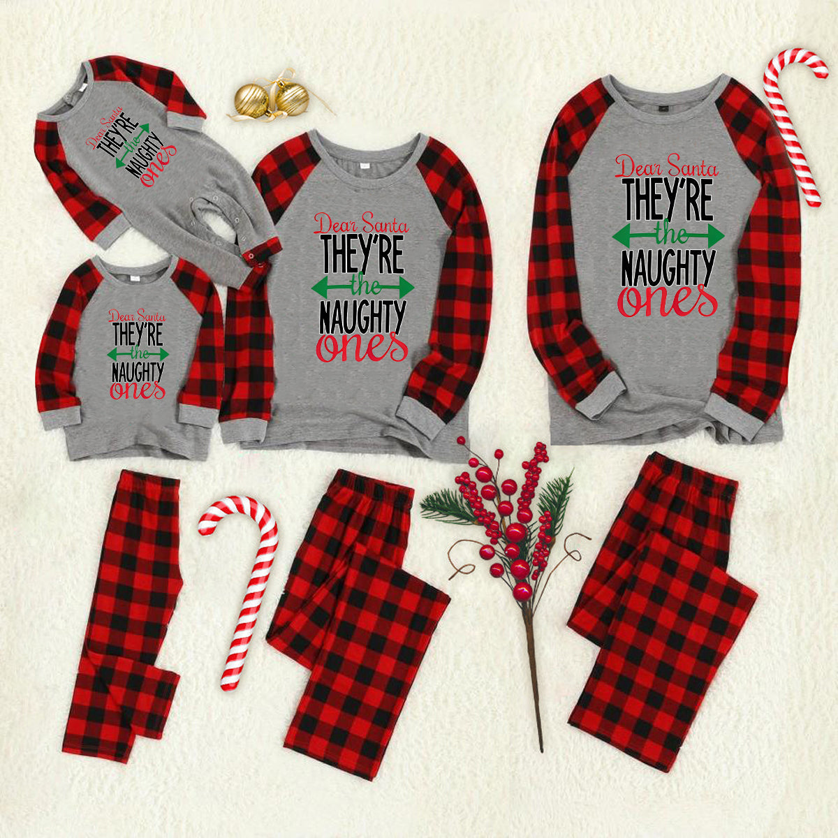 'Dear Santa Ther Are The Naughty One' Letter Print Casual Long Sleeve Sweatshirts Grey Contrast Top and Black & Red Plaid Pants Family Matching Pajamas Set With Dog Bandana
