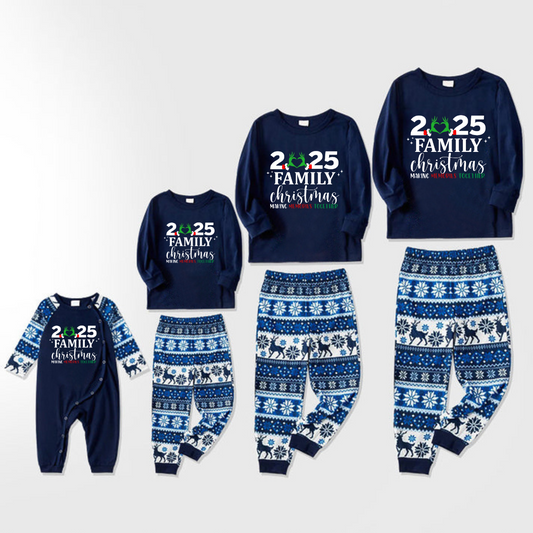 "2025 Family Christmas" Quirky Heart Letter Print Blue Long Sleeve Family Matching Pajamas With Dog bandana