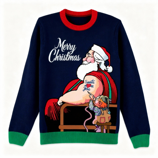 Goofy Santa Print Holiday Sweater - Intentional Festive Quirk