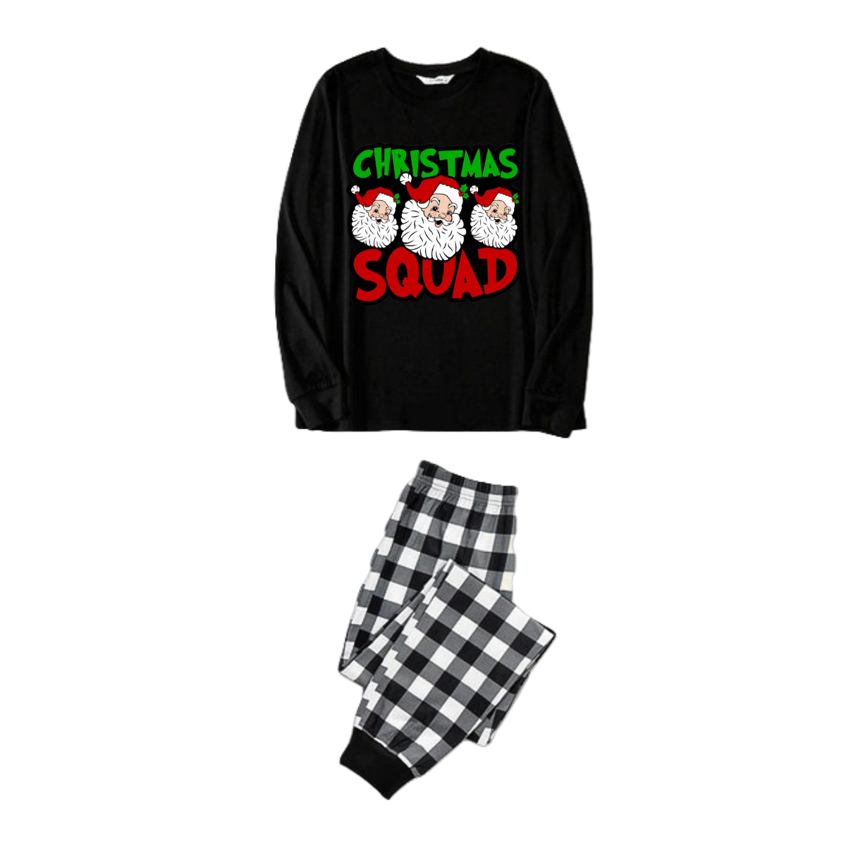 Couple Black and White Plaid Pajamas "Santa Squad" and Santa Claus Print