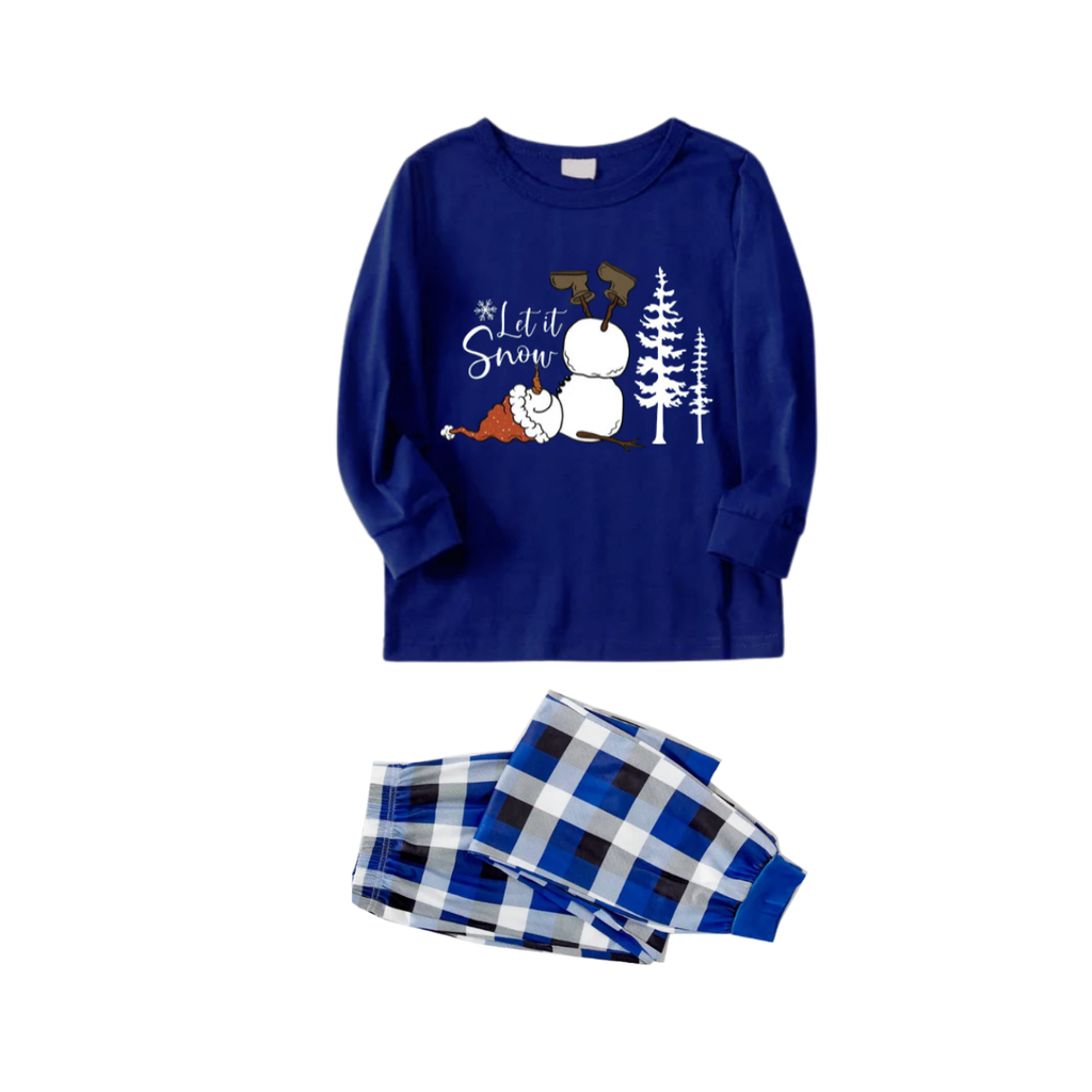 Couple Matching Blue and White Plaid Pajamas With "Let it Snow" Text and Snowman Printed