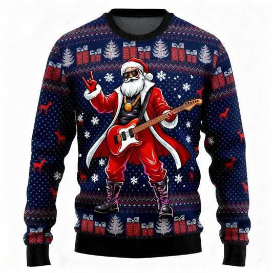 Maximum Cheer, Minimum Effort: Rock Star Santa Print Holiday Sweater