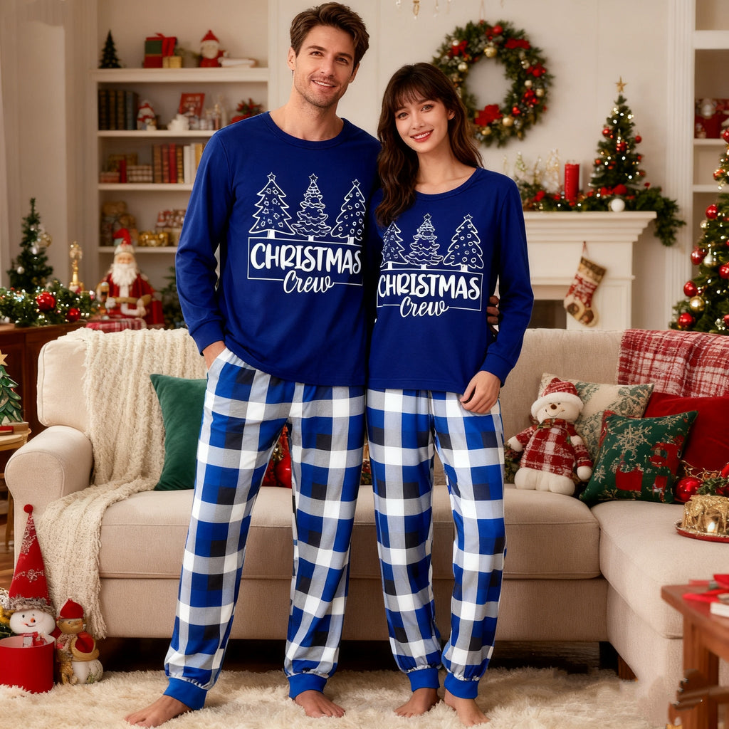 "Christmas Crew" and Trees Blue Long Sleeves with Blue Plaid Couple Matching Pajamas