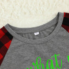 Christmas 'What Up' Letter Print Grey Contrast Top and Black & Red Plaid Pants Family Matching Pajamas Set With Dog Bandana