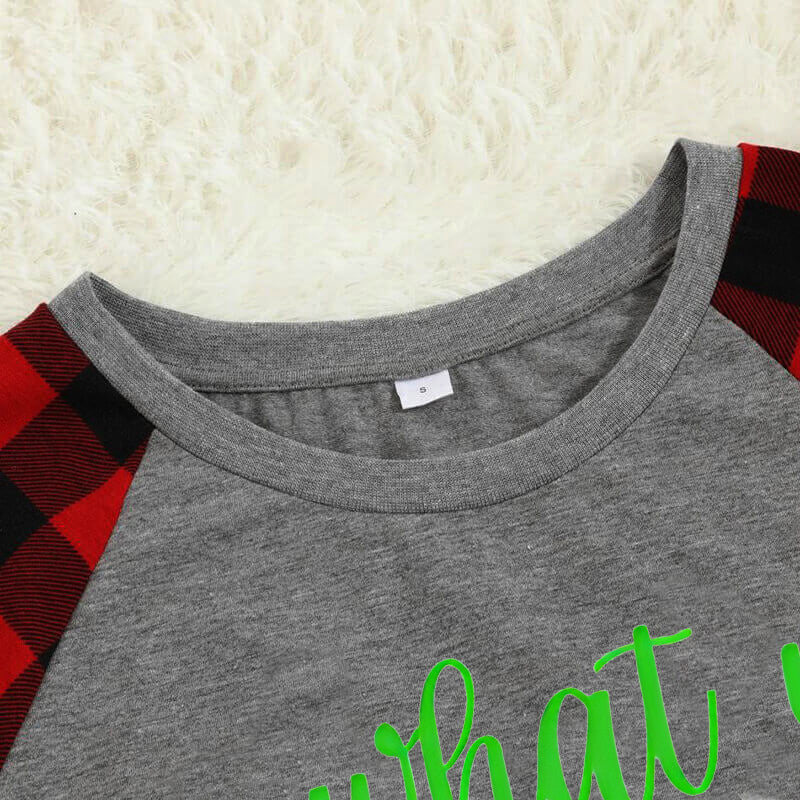 Christmas 'What Up' Letter Print Grey Contrast Top and Black & Red Plaid Pants Family Matching Pajamas Set With Dog Bandana