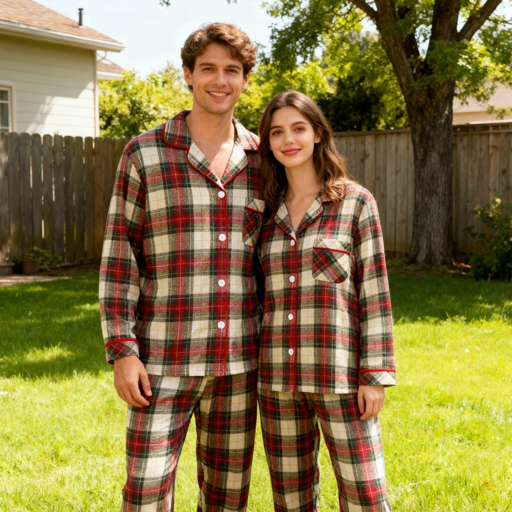 Matching Couple Sleepwear Red Green Plaid Button Christmas Pajamas Set
