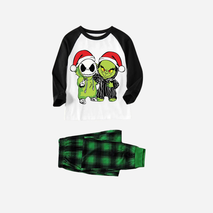 Black Raglan Top Green Plaid Christmas Pajamas Set With Grinch and Cartoon Pattern Print