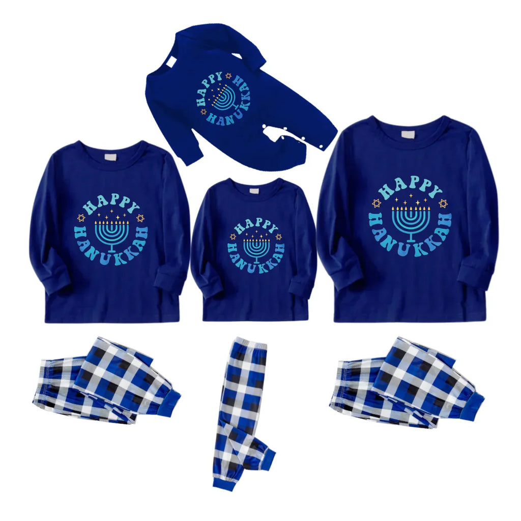 Family Happy Hanukkah Blue&White Plaid Matching Pajamas