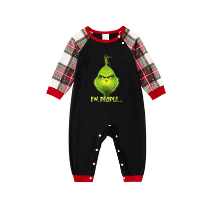 Christmas Cartoon Pattern Print Black Long Sleeve Top with Red & White & Green Plaid Matching Family Pajamas