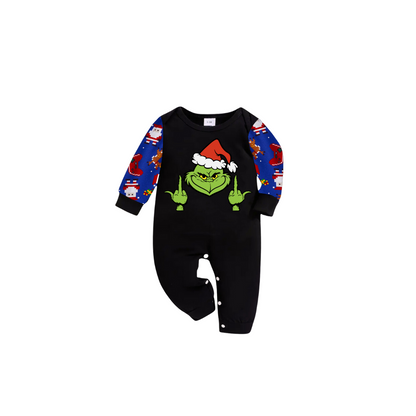 Grinch Santa Family Christmas Pajamas Black Top with Blue Santa Print Pants