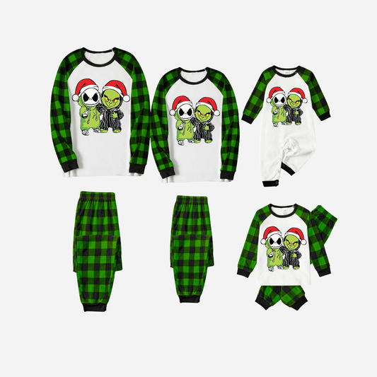 Green Plaid Raglan Top Christmas Pajamas Set With Grinch and Cartoon Pattern Print