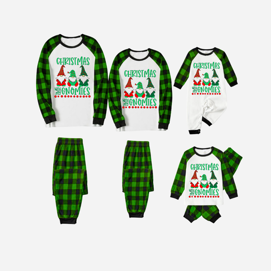 Green Plaid Raglan Top Christmas Pajamas Set With "Christmas With My Gnomies" Text Print