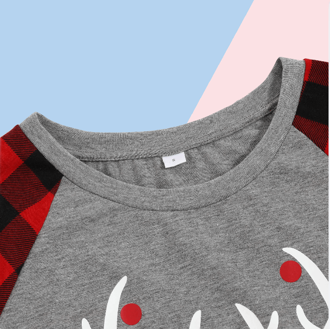 MERRY CHRISTMAS Antler Print Grey Top with Black and Red Plaid Pants Family Matching Pajamas Set JJF-005