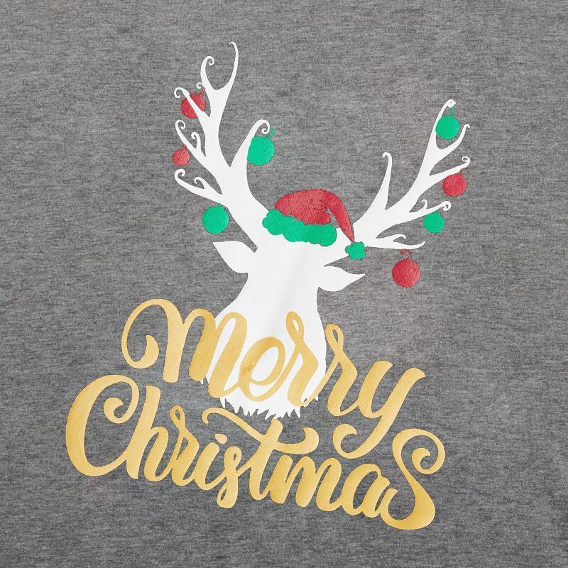 MERRY CHRISTMAS Antler Print Grey Top with Black and Red Plaid Pants Family Matching Pajamas Set