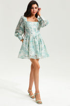 Floral Puff Long Sleeve Ruffle Mini Dress