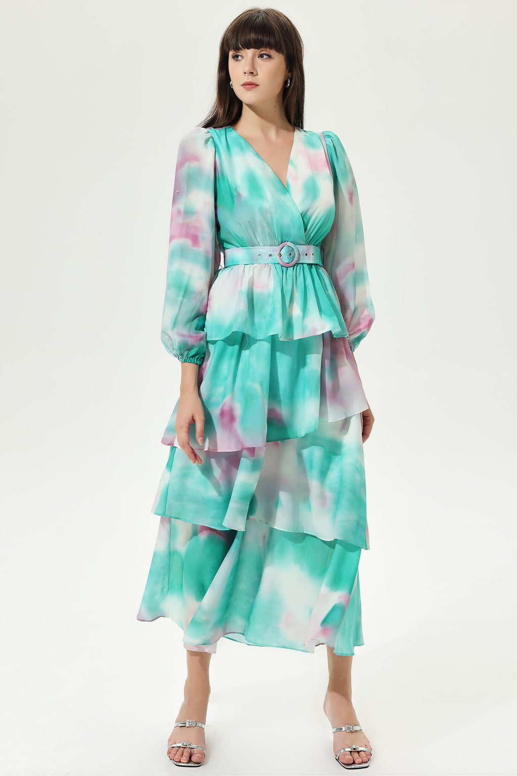 Tie Dye Lantern Sleeve V-Neck Layered Hem Midi Dress