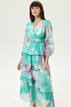 Tie Dye Lantern Sleeve V-Neck Layered Hem Midi Dress