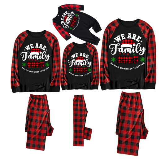 "We are Family2025" Santa Hat Monogram Print Letter Black & Red Plaid Family Matching Black Pajamas