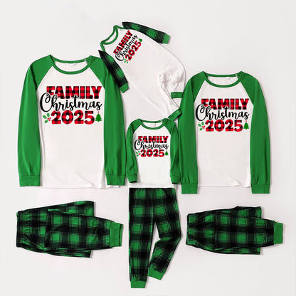 Family Christmas 2025 Text Print Long Sleeve Top With Green & Black Plaid Christmas Matching Pajamas