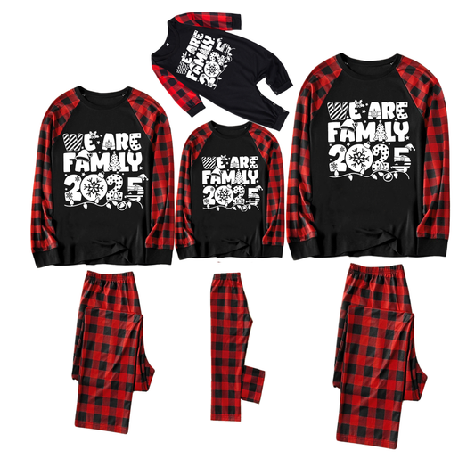 "We are Family 2025" White Letter Print Black & Red Plaid Family Matching Black Pajamas