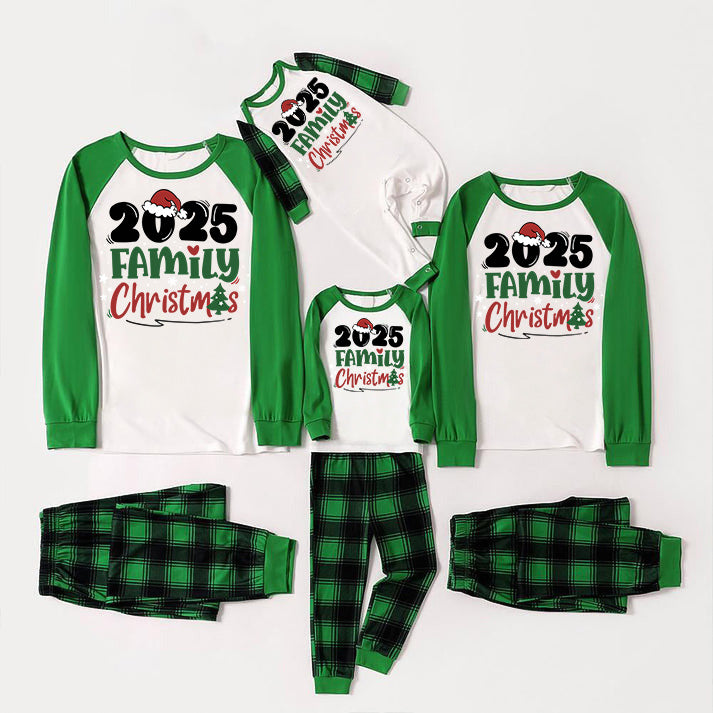 Santa Hat and Family Christmas 2025 Print Long Sleeve Top With Green & Black Plaid Christmas Matching Pajamas