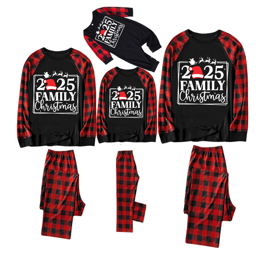 "2025 Family Christmas" Text and Santa Hat Print Black & Red Plaid Family Matching Pajamas