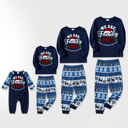 "We are Family2025" Santa Hat Monogram Print Letter Blue Long Sleeve Family Matching Pajamas With Dog bandana