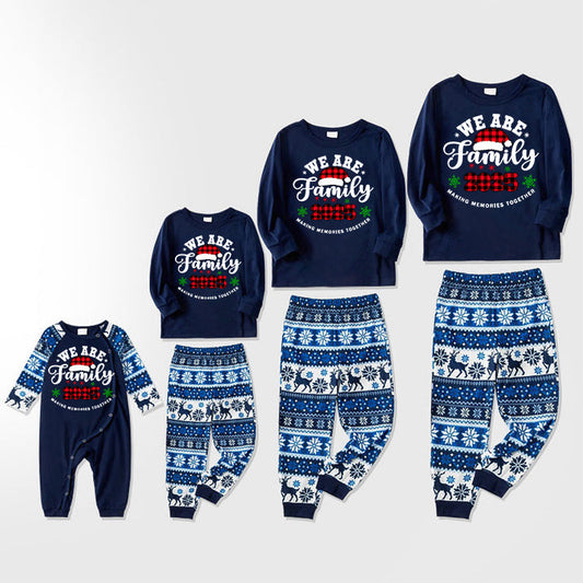 "We are Family2025" Santa Hat Monogram Print Letter Blue Long Sleeve Family Matching Pajamas With Dog bandana