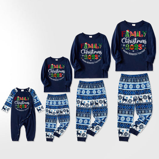 Family 2025 Christmas Pattern Print Blue Family Matching Pajamas