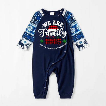"We are Family2025" Santa Hat Monogram Print Letter Blue Long Sleeve Family Matching Pajamas With Dog bandana