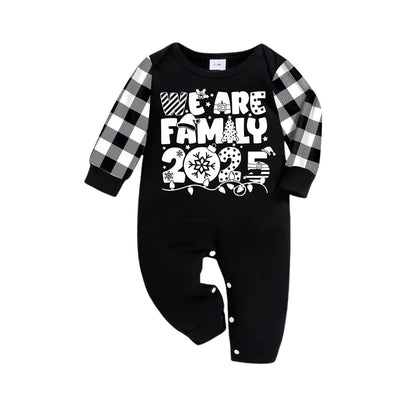 "We are Family 2025" White Letter Print Black Long Sleeve Top with Black And White Plaid Pants Family Matching Pajamas
