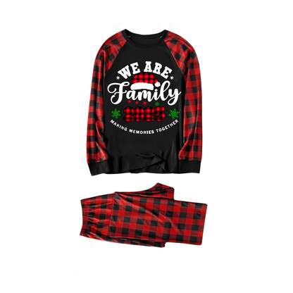"We are Family2025" Santa Hat Monogram Print Letter Black & Red Plaid Family Matching Black Pajamas